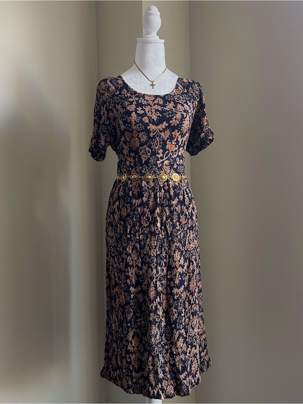 1990's Navy Blue & Beige Rayon Maxi Dress